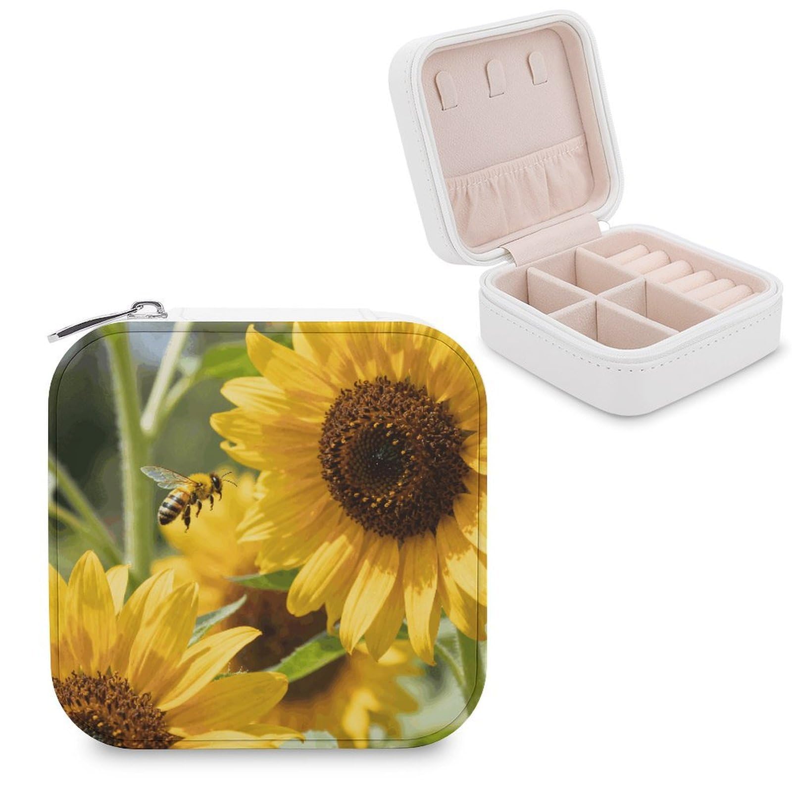 FekiLoot Bees Sunflowers Jewelry Box Exquisite Jewelry Organizer Silver Gold Trinket Storage Case Multi Compartments Cute Earrings Ring Necklace Holder For Woman Household Gift