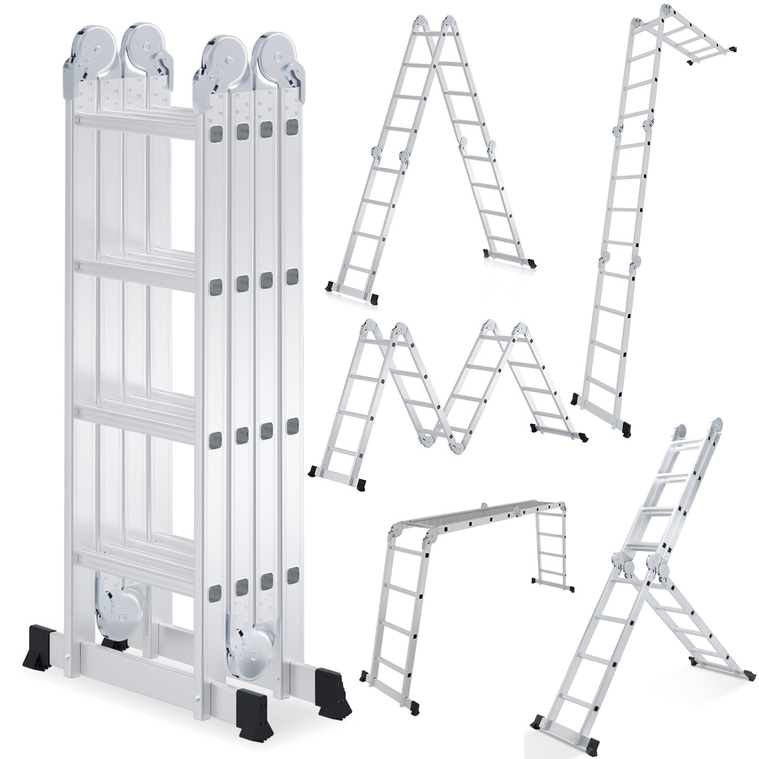 Ikodm Aluminiowa drabina wielofunkcyjna 4 x 4 stopnie 468 cm 7 w 1, 150 kg | Wysokiej jakości aluminium; antypoślizgowe; elastyczne zastosowanie 7 w 1; nośność 150 kg; dom i ogród; kompaktowo składany
