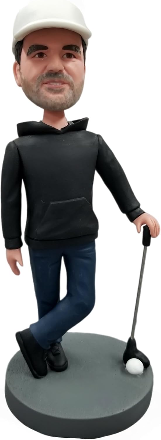 Custom Bobblehead, 3D Figurine from Photo, Bobbleheads for Male Golfer in Hoodie with Golf Club, Personalized Sports Memorabilia, Desk Decor, Gifts for Golf Enthusiasts