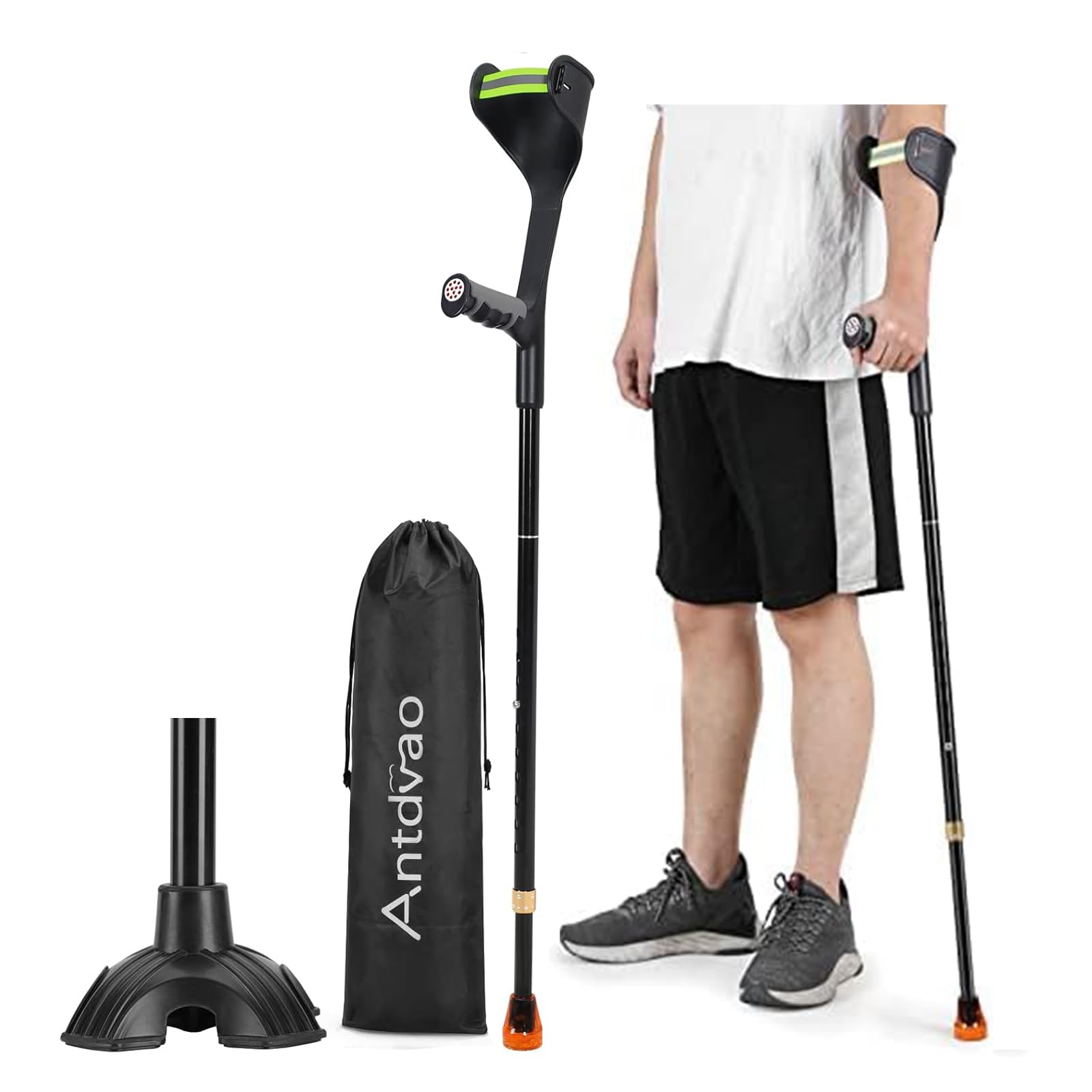 Antdvao- Crutches for Adults+Cane Tips Forearm Crutches with Cuffs, Anti-Drop, Crutches for Walking, Forearm Crutches Lightweight Adjustable, Aluminum Forearm Crutches, Black Crutches (Single Black)