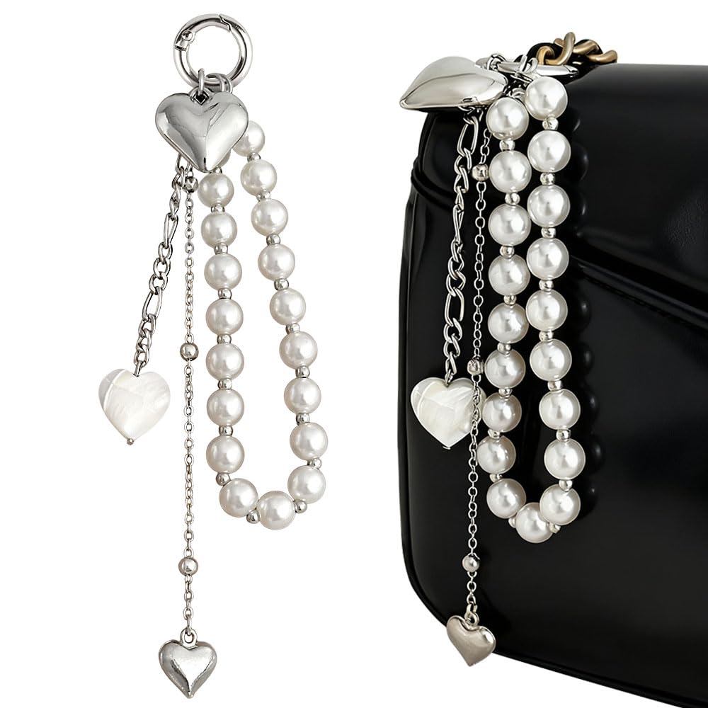 White Pearl Beaded Keychain Charms Silver Heart Tassel Keychain Accessories Pearl Bag Charm Kawaii Key Chains Women Cute Keychains for Women Purse Charms for Handbags Backpack Keychains for Backpacks