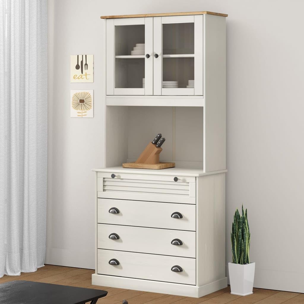 VIGO Kredens bialy 80x40x176 cm lite drewno sosnowe wysoka szafka kuchenna z szufladami szklane drzwiczki bialy mebel do jadalni