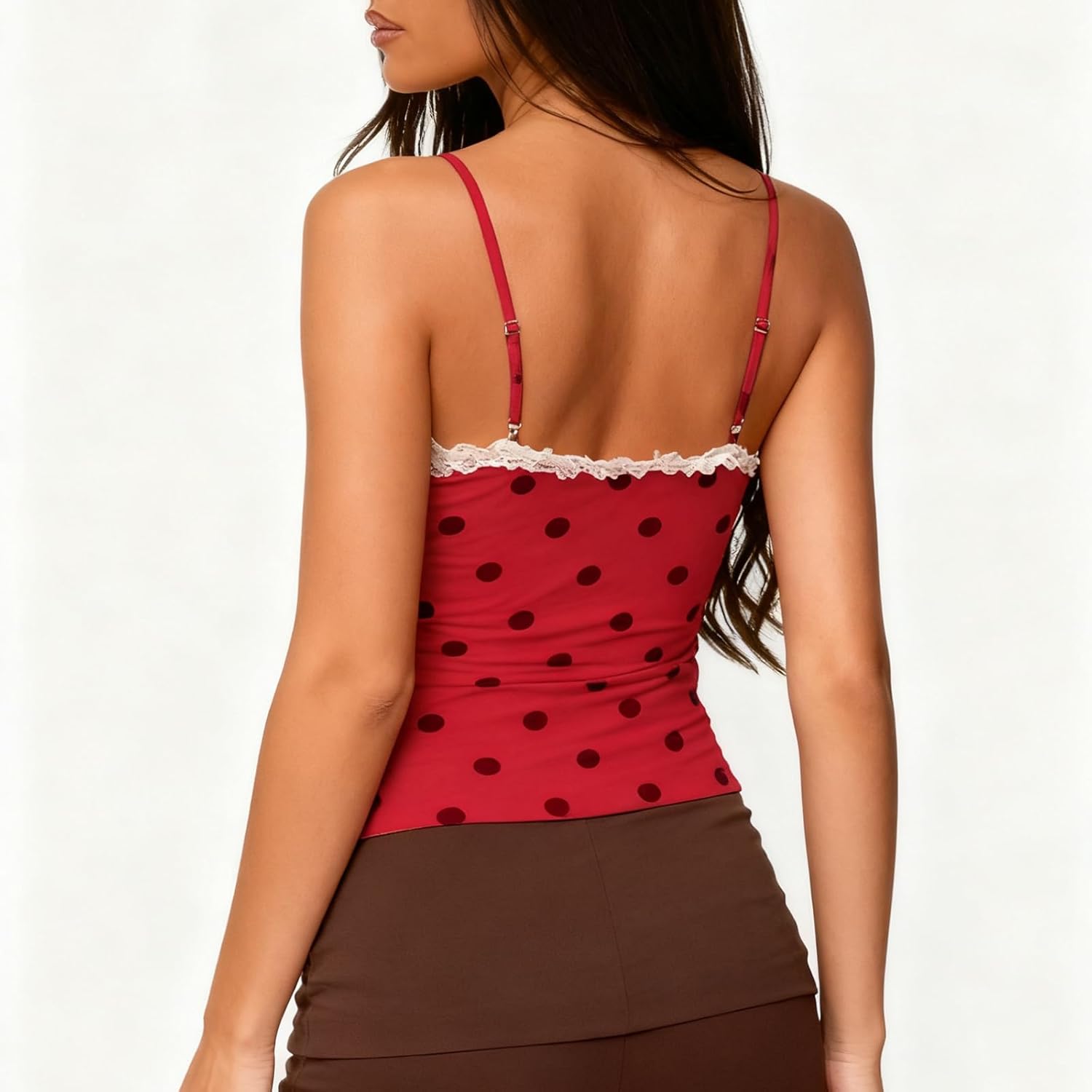 Women Y2k Polka Dot Camisole Spaghetti Strap Sleeveless Lace Trim V Neck Slim Fitted Crop Top Going Out Shirts - Image 3