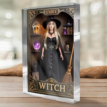 Custom Rectangle Shaped Acrylic Plaque - Personalized Halloween Witchy Gifts For Women - A Beauty Born Of Night Custom Name Halloween Decoration, Gothic Fantasy Witch Doll, Magic Gift for Women