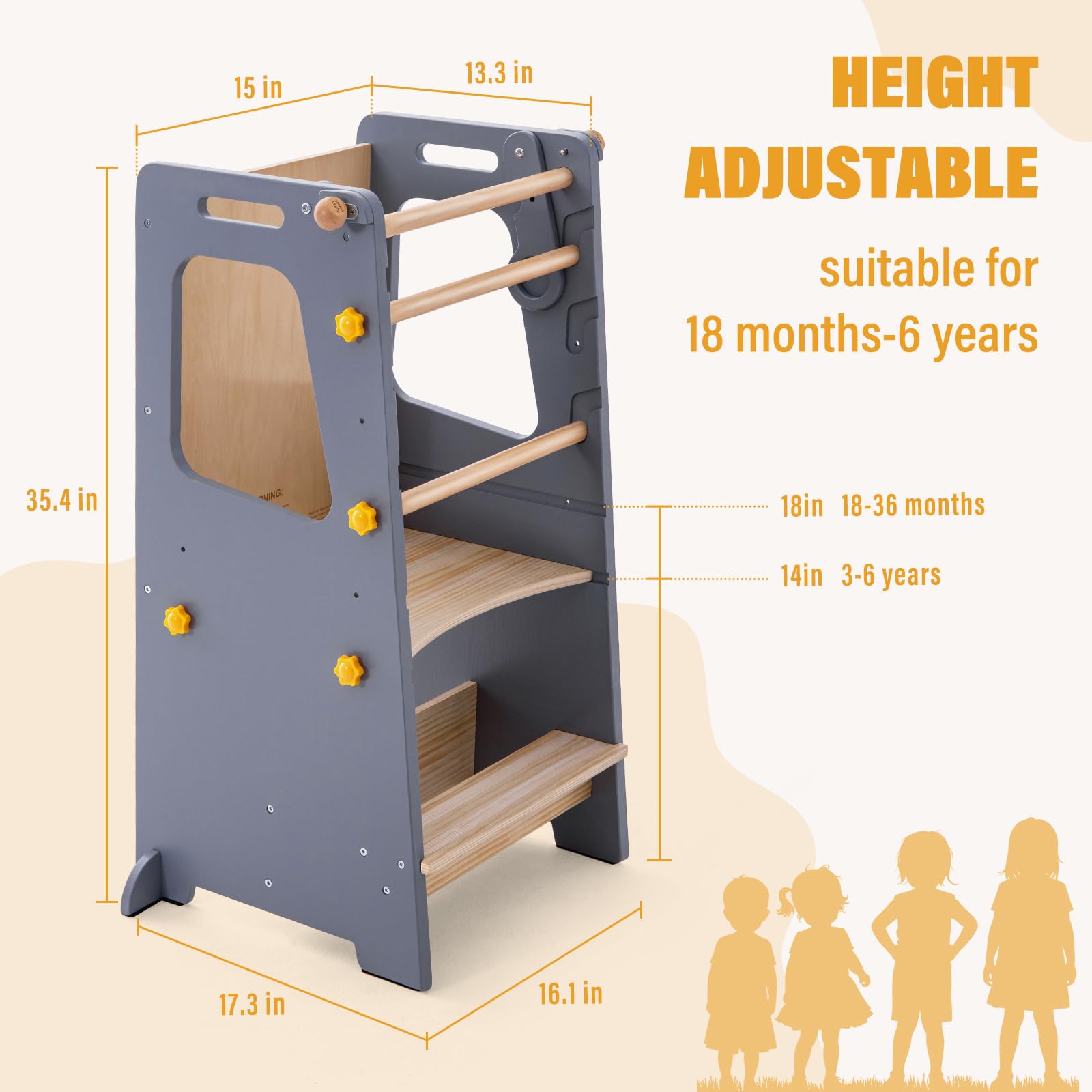 Torre de pie para niños, taburete de cocina para niños pequeños con pizarra blanca, torre de aprendizaje para niños de altura ajustable con protección antideslizante, taburete para niños con