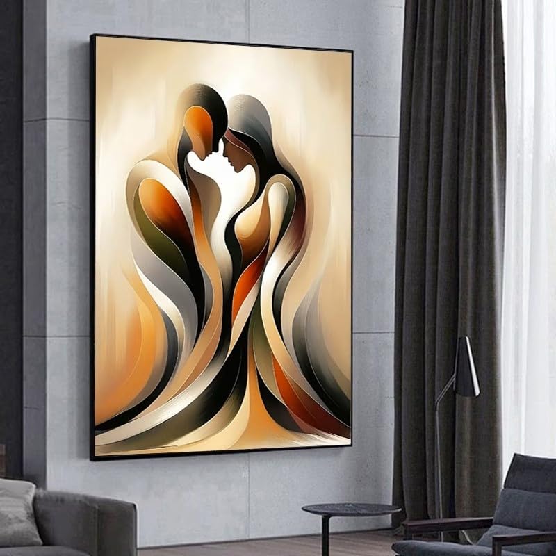 Tableau abstrait moderne couple pour un salon chaleureux et minimaliste beige marron 70x140