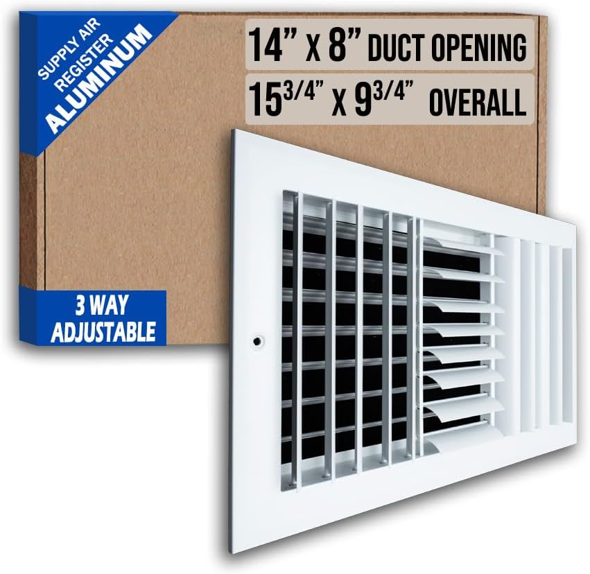 Fits 14x8 Duct Opening Aluminum 3-Way Adjustable Air Supply Grille by Handua | Curved Blade Register Vent Cover for Sidewall & Ceiling | White | Outer Size: 15.75" X 9.75"