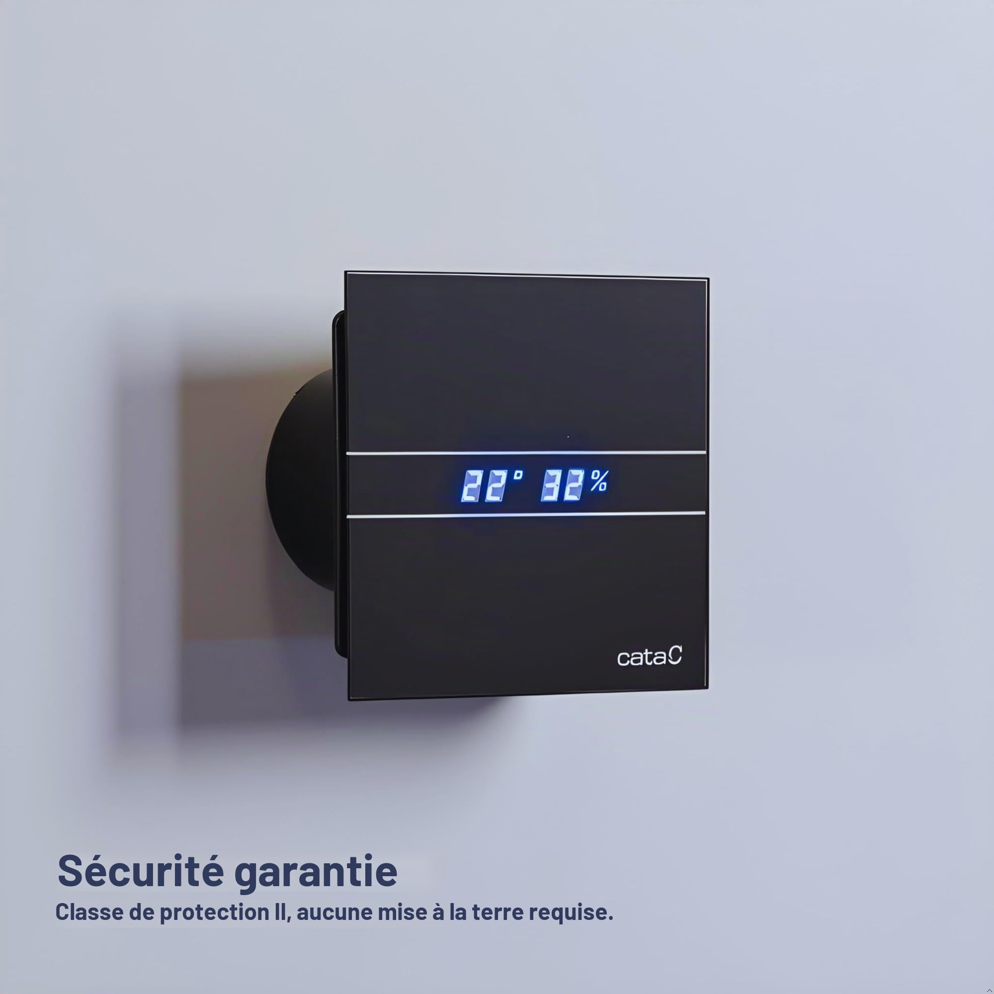 CATA E-100 GTH BK Noir Minuteur Hygro nachlauf humidité contrôle, capteur d'humidité écran LED, verre avant forte/115 m³/h depuis 1947 très silencieux 31dB économie d'énergie 8 W