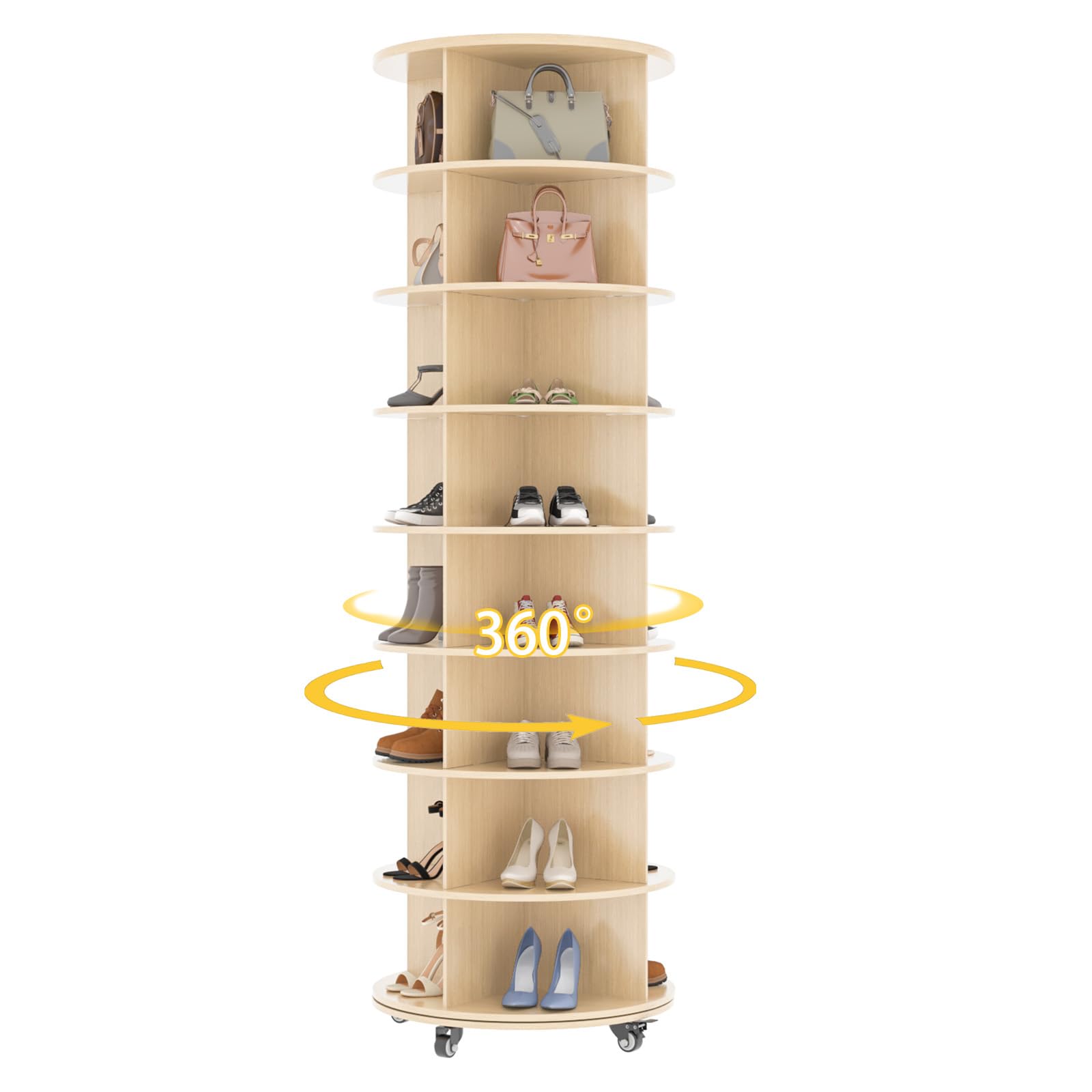 YODOLLA 8 Tier Rotating Shoe Rack Tower, 360° Spinning Shoe Storage,Natural