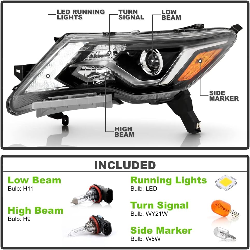 ACANII - For 2017 2018 2019 2020 Nissan Pathfinder Halogen Type w/LED DRL Projector Headlights Headlamps Set Left+Right