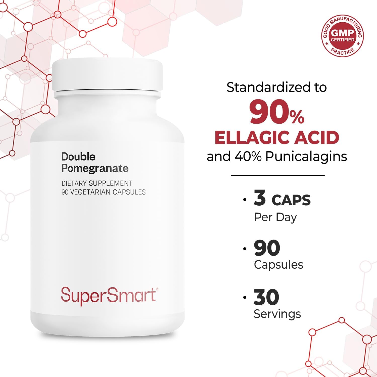 Supersmart - Double Pomegranate (High Strength) - 90% Ellagic Acid & 40% Punicalagins - Pomegranate Extract Supplement - Advanced Antioxidant | Non-GMO & Gluten Free - 90 Vegetarian Capsules