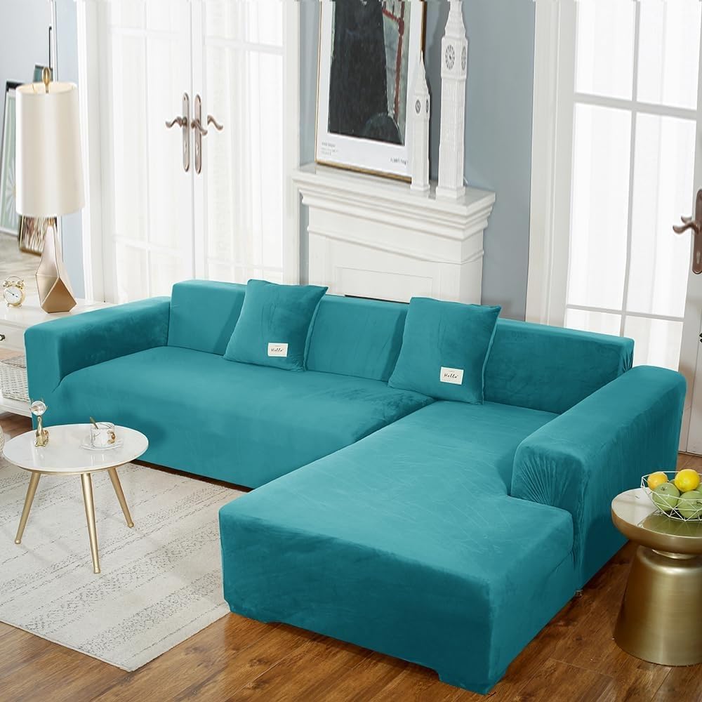 Sofa überzug ecksofa aus samt, Sofabezug l Form für Wohnzimmer, maschinenwaschbar, Sofaschoner rutschfest, weicher und bequemer Stoff, staubdicht (Turquoise Blue,3-Seats 190-230cm 1pc)