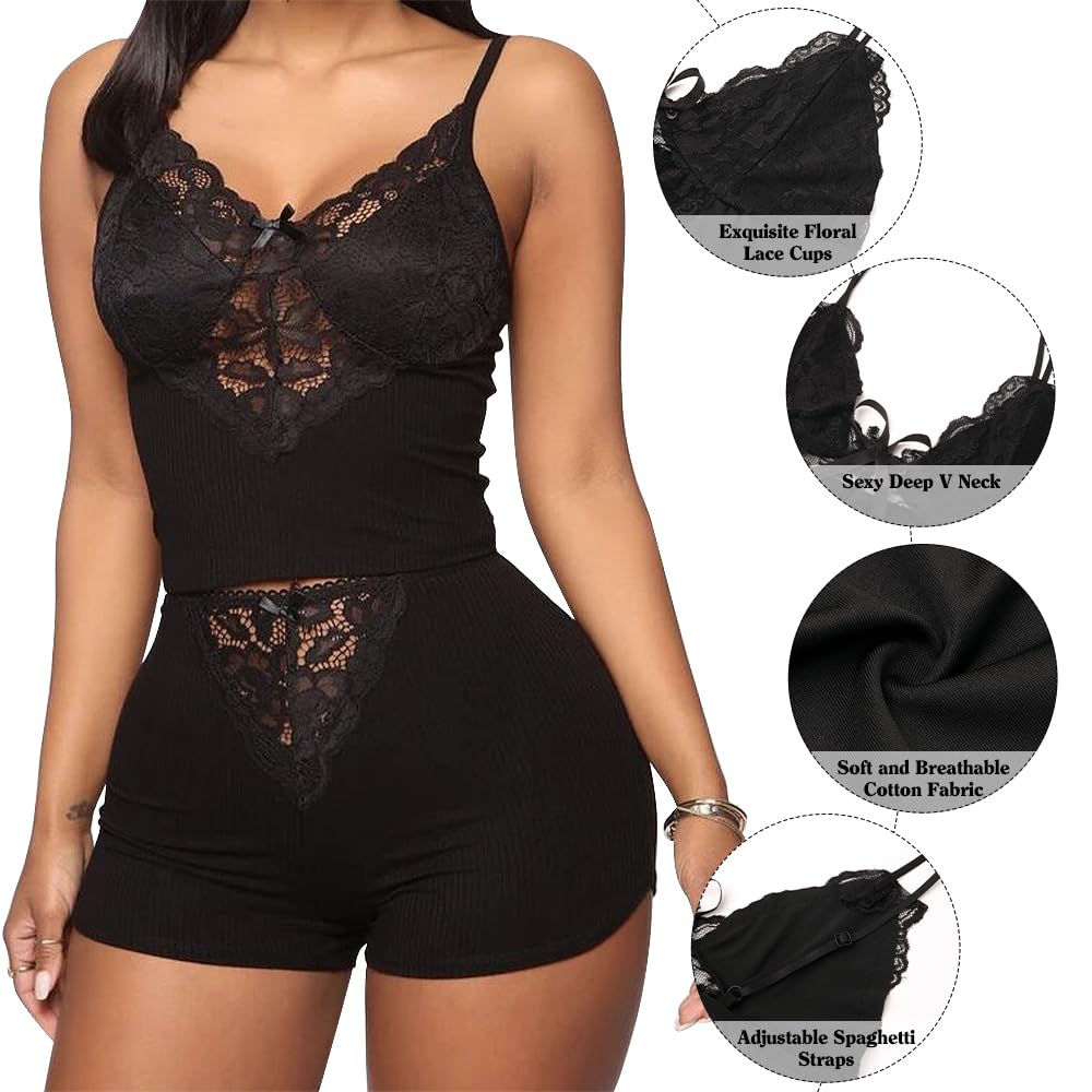 Seksowne komplety piżam damskich 2 szt. Jednokolorowe komplety piżamowe Koronkowa bielizna nocna Casual Odzież codzienna Camisole Letnia bielizna nocna S-XL Głęboki dekolt w szpic Domowa piżama Top i