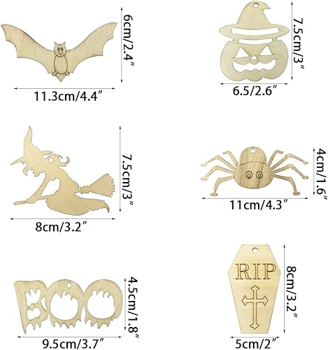 Miniatura 6 de Anditoy 60 piezas de rebanadas de madera de Halloween sin terminar colgantes adornos de madera de Halloween manualidades para niños, decoración de