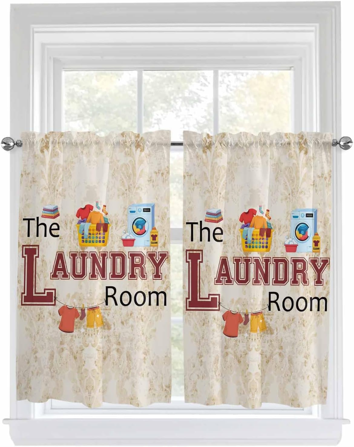 Laundry Room Window Tier Curtain 45 Inches Long Set of 2 Panels, Rustic Farmhouse Half Windows Rod Pocket Kitchen Curtains Retro Floral Brown Yellow Small Kitchen Drapes for Bathroom Cafe 55''x45''