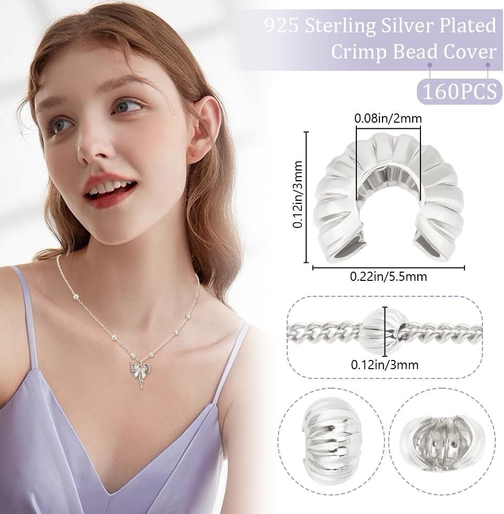 Beebeecraft 1 Box 160Pcs Half Round Open Crimp Beads 925 Sterling Silver Plated 5.5mm Crimp Bead Caps Stoppers Knot Covers End Tip for Jewelry Making Findings DIY Crafts Bracelets Necklace Supplies
