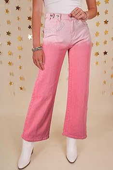 ZhiHiMeRi Women's Pink Rhinestone Gradient Denim Wide Leg