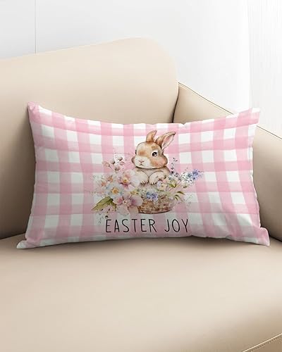 Miniatura 2 de CarOptics Funda de almohada de conejo de Pascua de primavera de 12 x 20 pulgadas, cesta floral, diseño de cuadros de búfalo rosa, alegre funda de