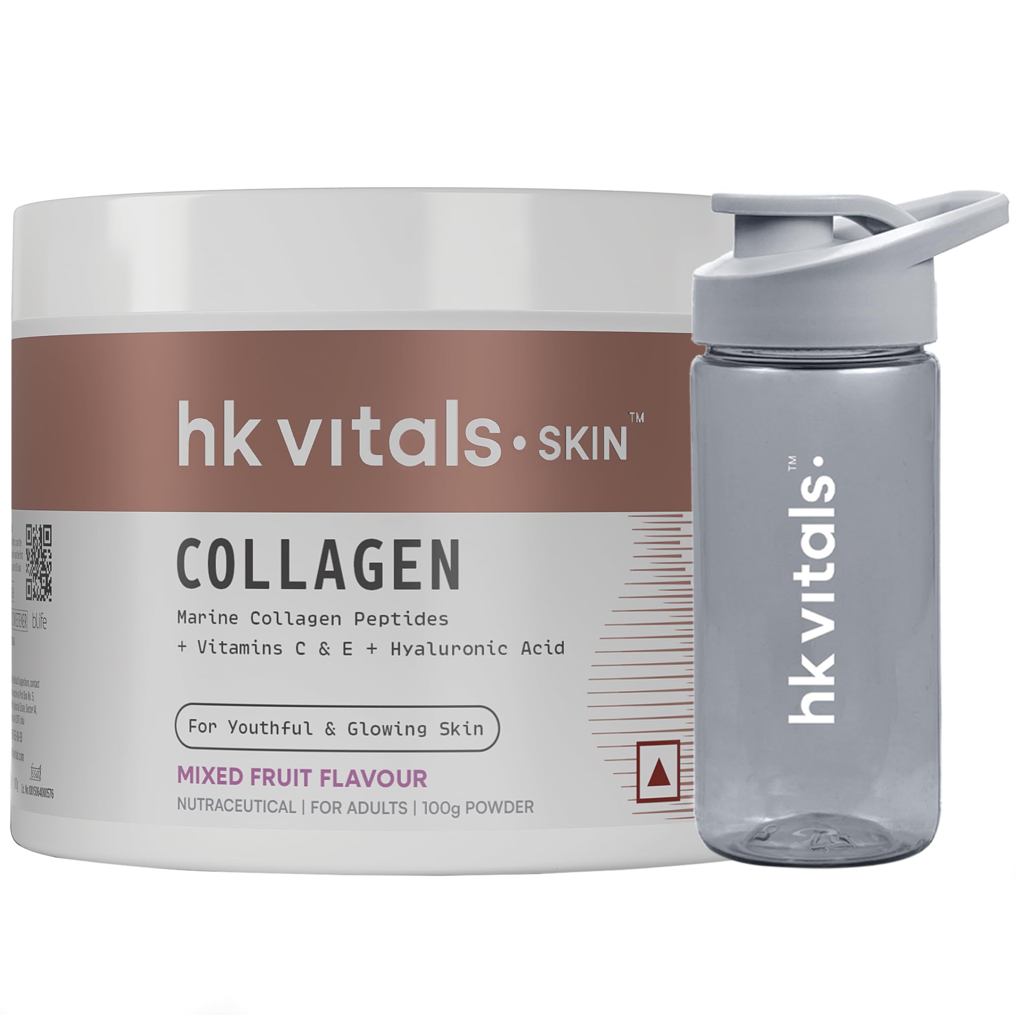 HealthKart HK Vitals Skin Radiance Collagen Powder, Marine Collagen (Mixed Fruit, 100 g) Collagen Supplements with Biotin for Healthy Skin, Hair & Nails with Sipper Bottle (Teal, 300 ml)
