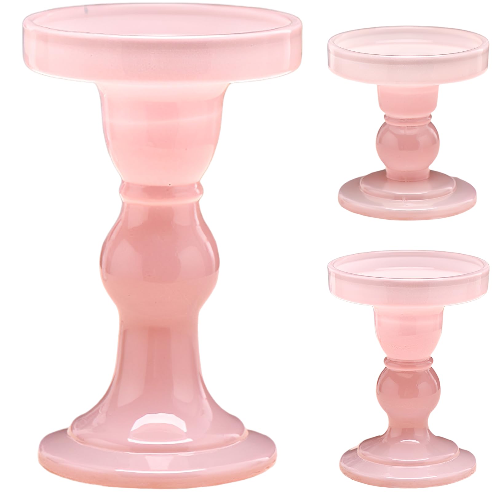 Kerzenständer Glas Set 3-teilig, Lotus Pink Sockel Kerzenhalter für Esstisch, Hochzeitsdeko, Kaminsims, Größen S, M, L