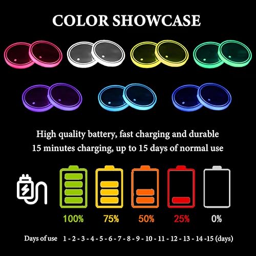 Miniatura 6 de 2 piezas de luces LED para portavasos de automóvil, 7 colores cambiantes, inserto de carga USB para posavasos de coche, lámpara de ambiente, luz