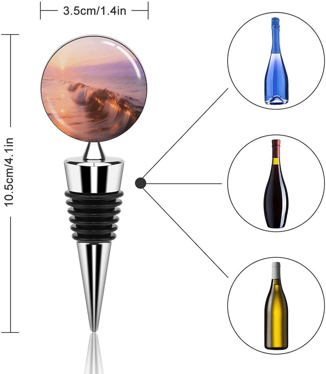 Sea Waves Wine Stoppers Personalized Leak Proof Vacuum Bottle Stoppers Metal Bottle Sealer Reusable Seal Stopper Wine Saver for Keep Fresh Wines Lovers