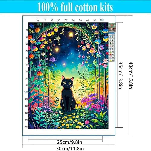 Miniatura 3 de Kits de punto de cruz estampados para adultos, kits de bordado de flores de gato negro para principiantes y adultos, patrones de 11 quilates