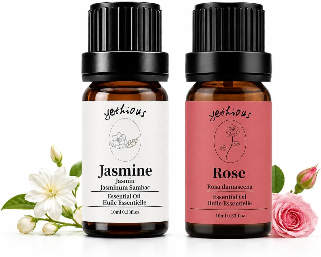 yethious Jasmine Rose Essential Oil Set for Diffuser, Skin & Hair Care