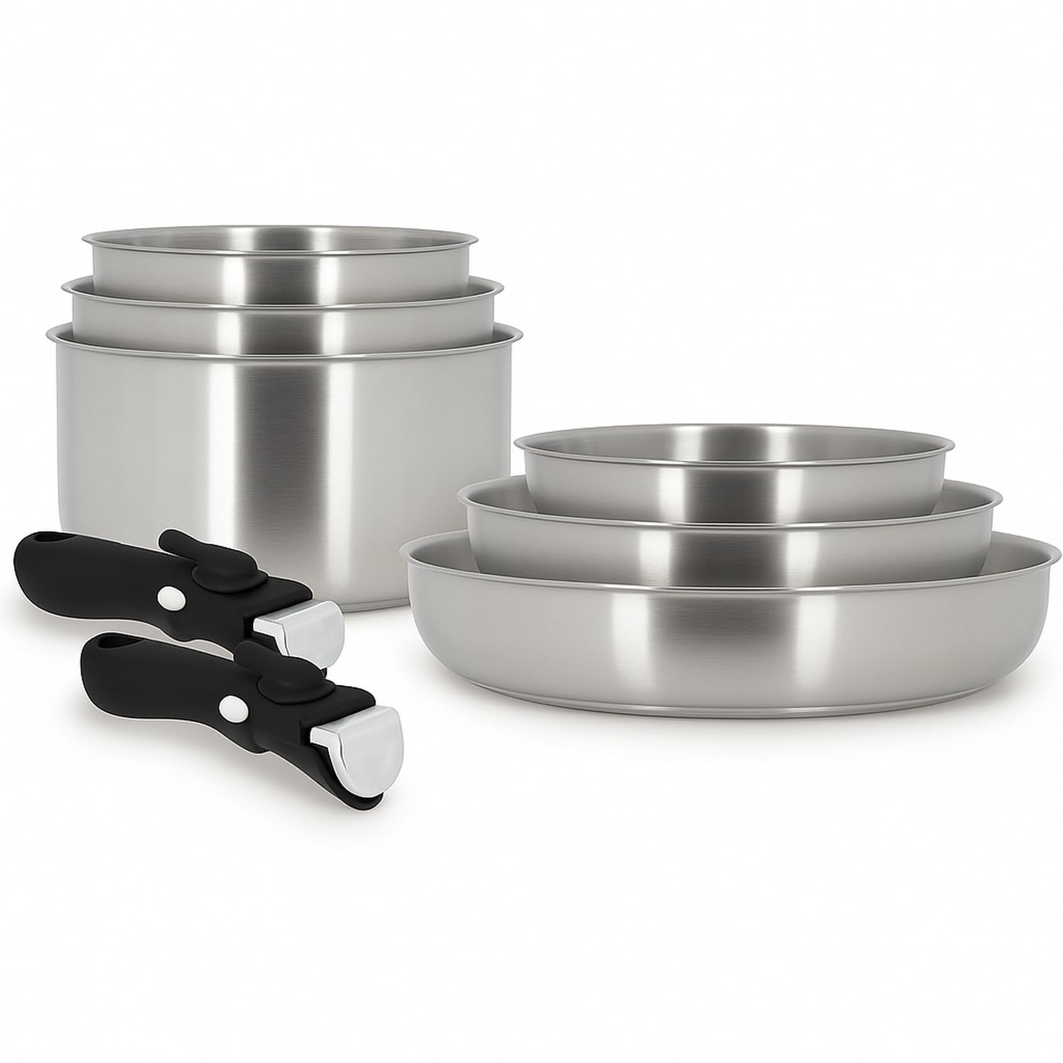 MENASTYL - Batterie de cuisine inox 18/10 amovible 8 pièces Iris Inox sans PFAS - Tous feux dont induction, four, réfrigérateur et lave-vaisselle - Empilable et résistante - Poignée double sécurité