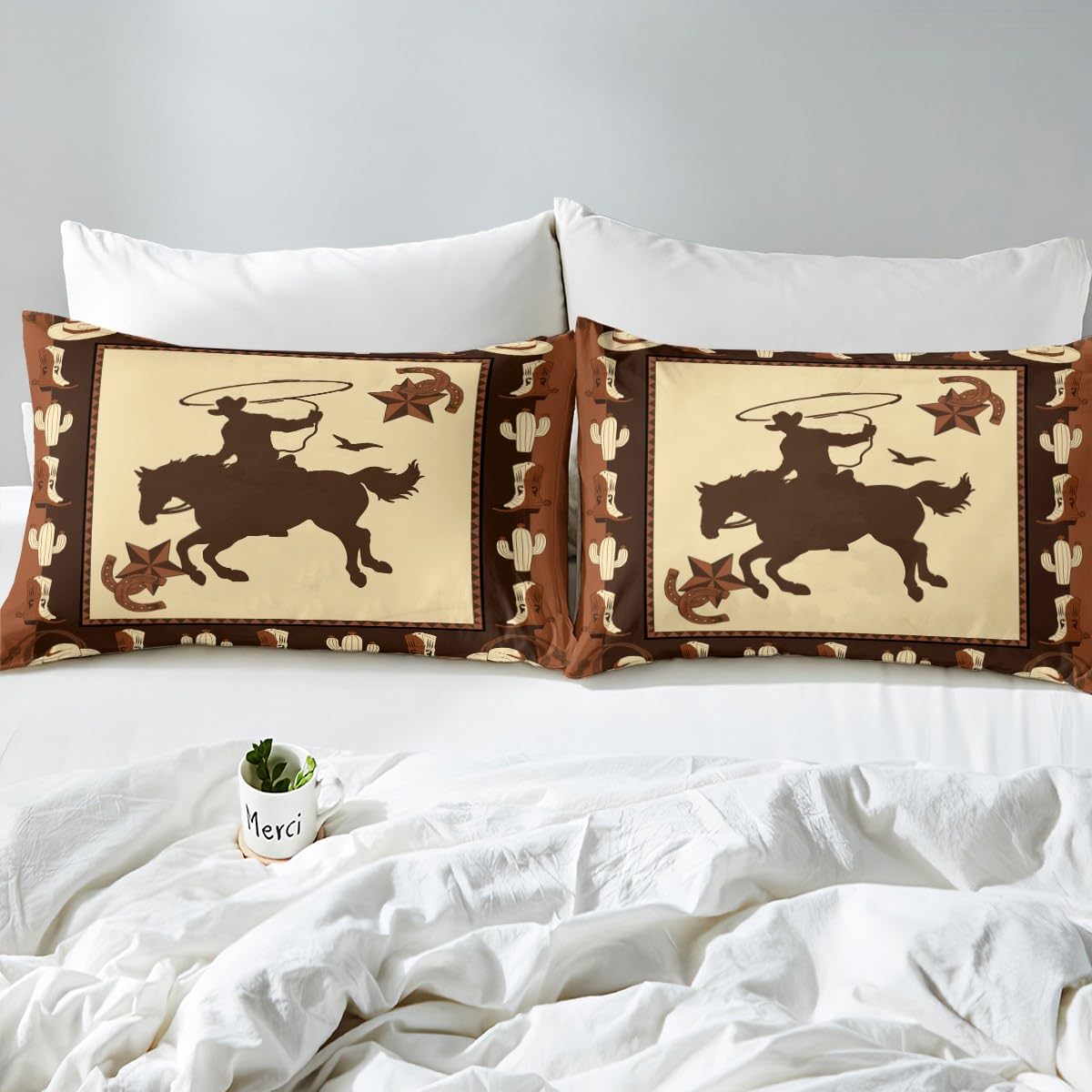 Set Biancheria Da Letto 7 Pezzi Bambini Con Motivo Cowboy Occidentale – Piumone, Lenzuolo Con Angoli, 2 Federe 50x76 E 2 Federe 45x45 – Stile Rustico Blu Retrò