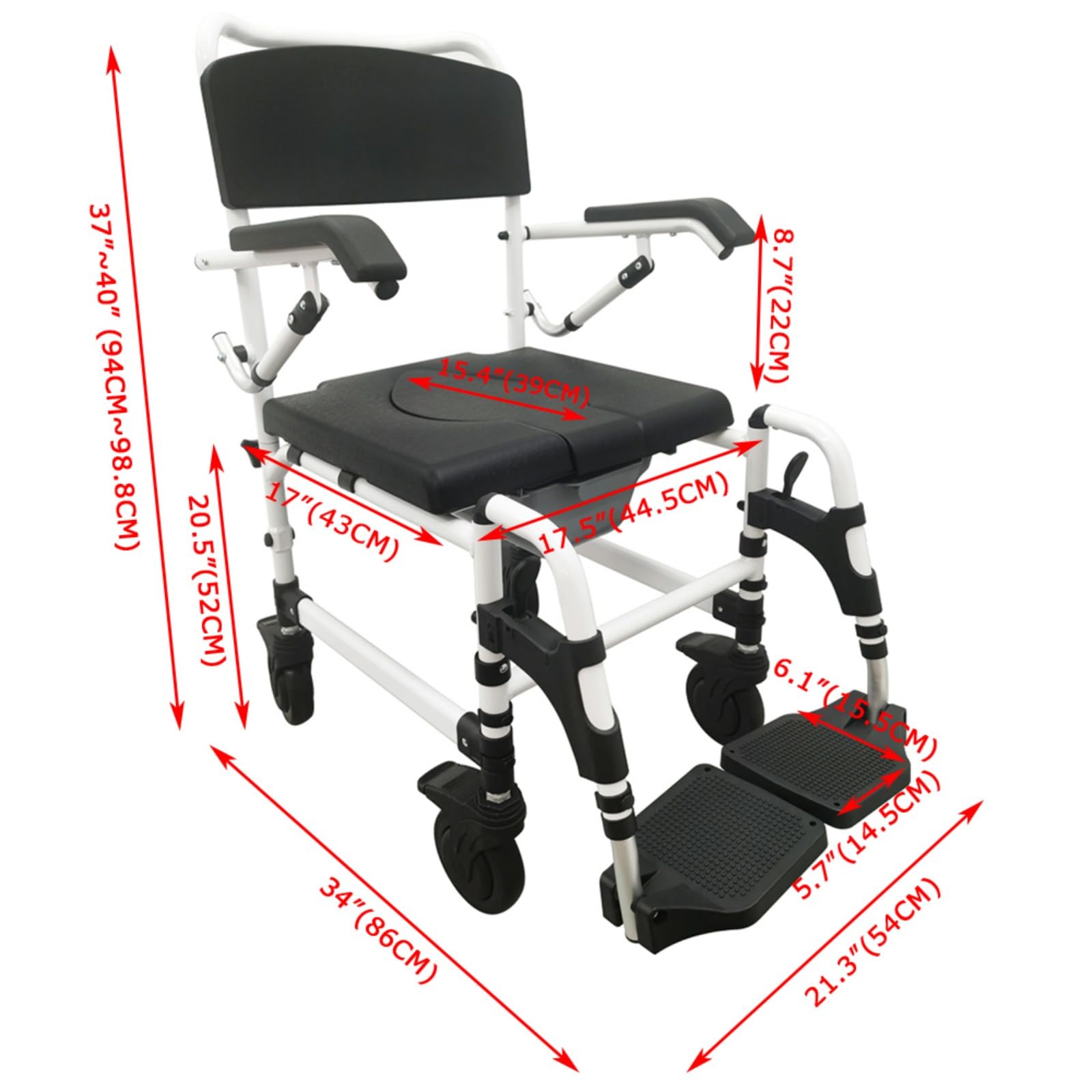 BEILOCKERY Shower Wheelchair with Commode, Aluminum Alloy Shower Chair with Wheels, Black Wheelchair Adjustable Height and Armrest