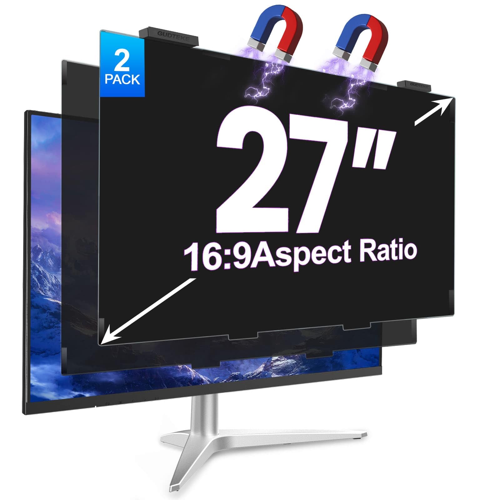 2pack magnetic 27 inch privacy screen for computer monitor 16:9 aspect ratio, hanging removable anti-blue/glare protector film, anti spy desktop security private filter 27in
