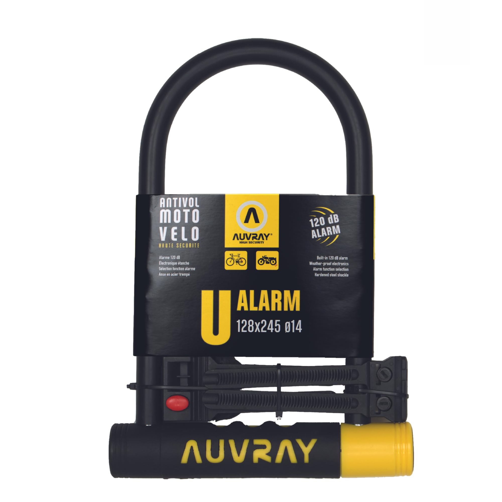 AUVRAY - Antirrobo de Bicicleta con Alarma - U ALARME 128X245 D.14-​3 CLES - Resistencia excepcional - Carcasa Protectora de plástico - Alarma integrada de 120 dB - Alta Seguridad
