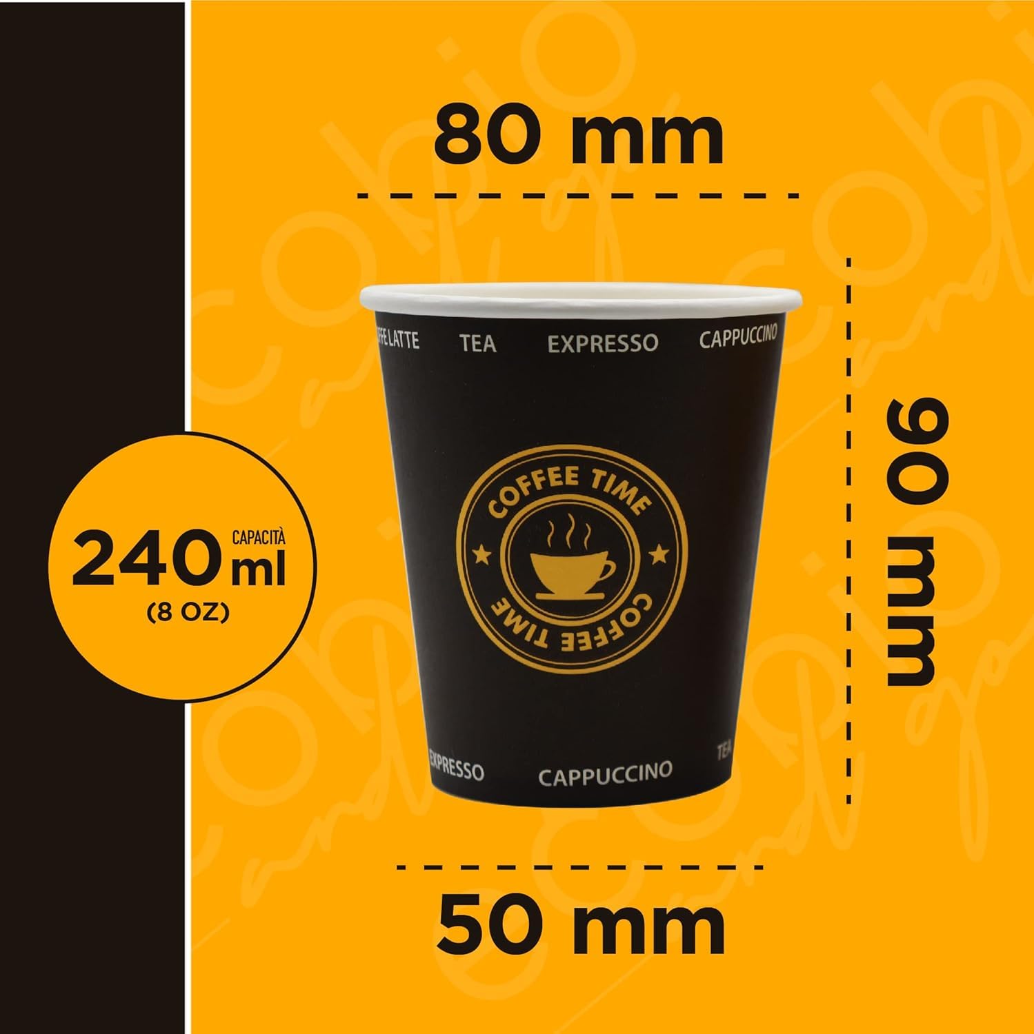Ecobio and Go - 500 Bicchieri Acqua di Carta, 8oz (240ml), Biodegradabili e Compostabili, Perfetti per Bevande Calde e Fredde, Nessuna Plastica, Black Edition