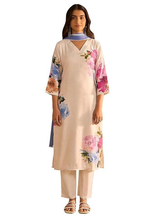 INDO ERA Women’s Linen Printed Straight Kurta and Pant with Dupatta Set(KH9OW7981) – White&Blue