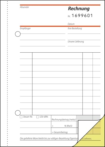 SIGEL SD133/5 Rechnungen fortlaufend nummeriert, eindeutige 7stellige Nummer wie vom Finanzamt vorgeschrieben, A6, 2x50 Blatt, selbstdurchschreibend, 5 Stück, mit Abheftlochung, Rechnungsblock