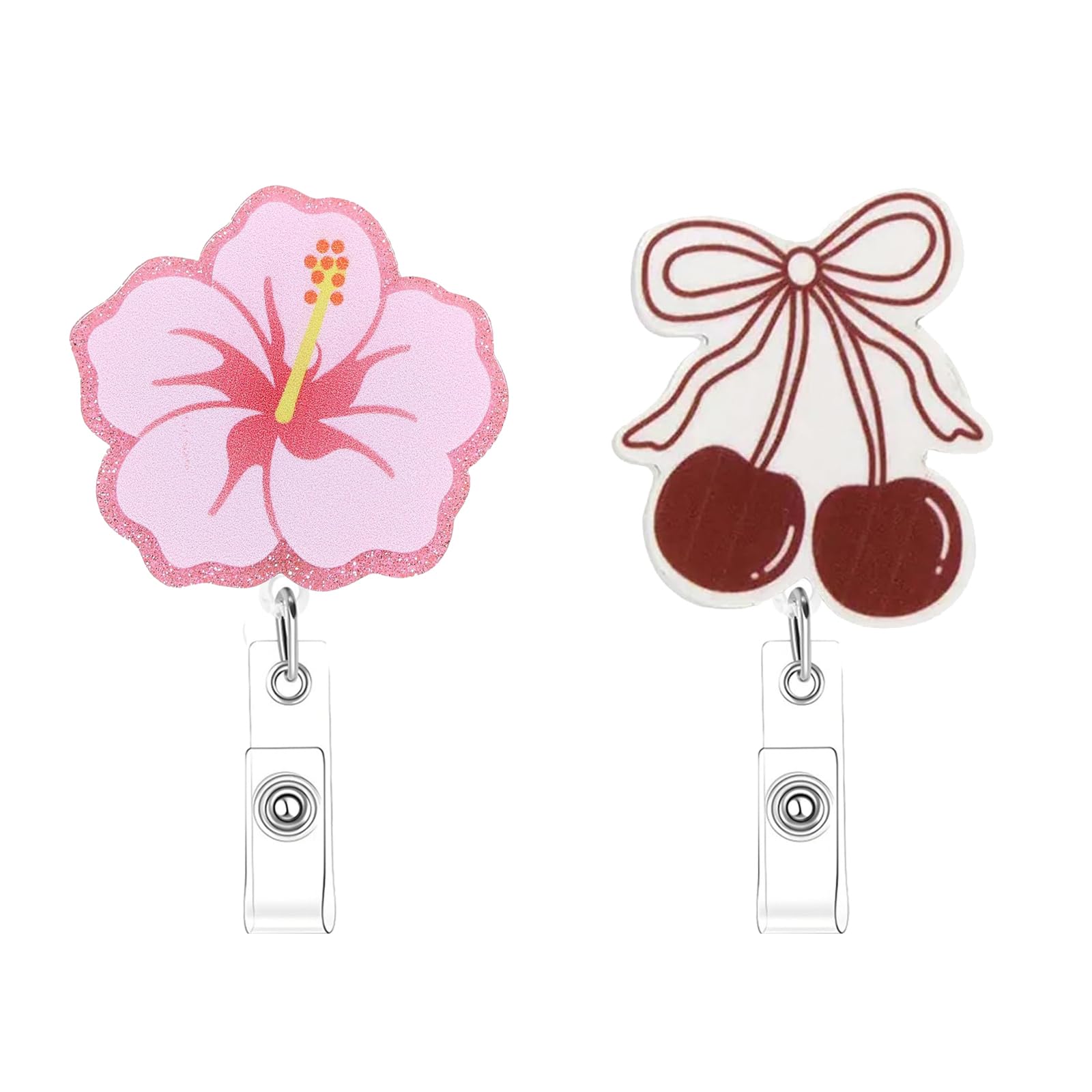 Photo 1 of 2Pcs Cute Badge Reel Retractable Hibiscus Flower Cherry Nurse Badge Holder with Alligator Pink Nurse Doctor Gifts Accessories Fun Office Medical Stuff Essentials