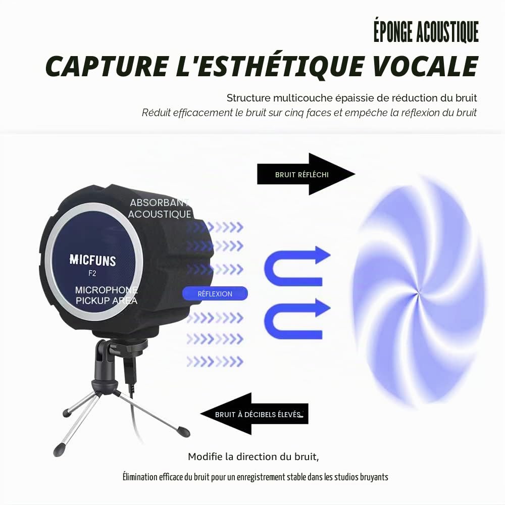 F2 Filtre anti-pop professionnel pour micro, mousse absorbant bruits et réflexions (bleu)