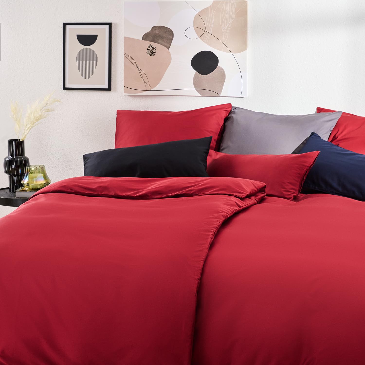 Blumtal Mako Satin Bettwäsche 200x220 Set & 2X 80x80 cm Kissenbezug Rot - Oeko Tex Zertifizierte Satin Bettwäsche aus 100% Baumwolle - edler Bettbezug Glanzoptik 200x220 Satin mit Reißverschluss
