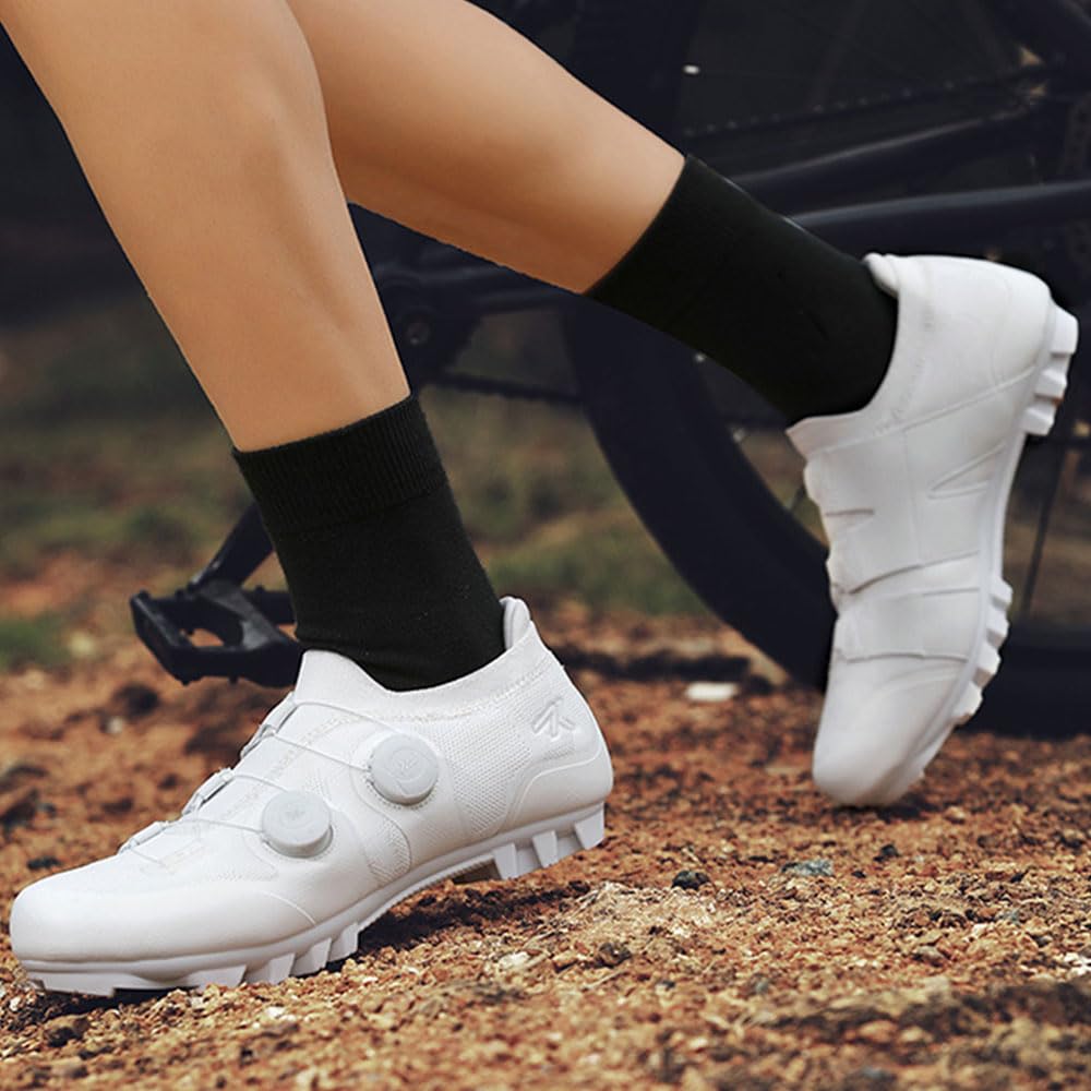 Zapatillas Ciclismo Montaña, Zapatos Bicicleta Montaña Hombre Mujer, Zapatillas de Ciclismo Verano Ligeros Calzado Bicicleta con SPD 4 Hoyos Tacos | 37-47 EU, Primavera y Verano (Blanco,45)