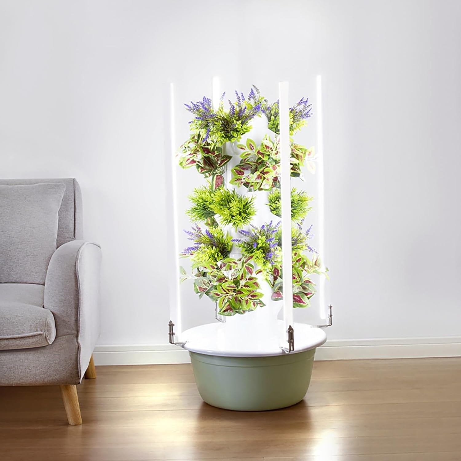 Sistema di coltivazione idroponica verticale, set da giardino intelligente per interni con luce e pompa a LED, torre a 5 livelli per erbe, frutta e verdura, impianto idroponico completo.