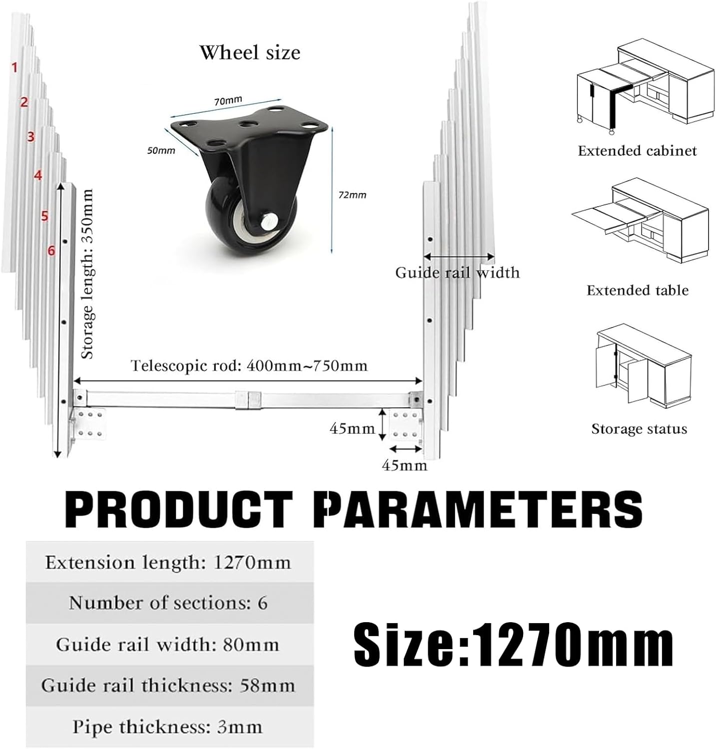 Countertop Extension Slide with Silent Wheels Aluminum Telescopic Cabinet Table Guide Rail, Concealed Table Desk Kitchen Countertop for Table Kitchen Countertop,1270mm