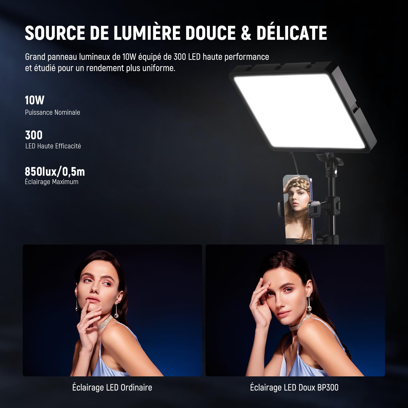 NEEWER BASICS Kit d'Lampe Photo, 2 Panneau LED, Bicolore 2700-6500K, Intensité Variable, avec 2 Trépieds de 59 pouces et 2 Supports de Téléphone,850lux pour Vidéo Photographie Tournage Streaming,BP300