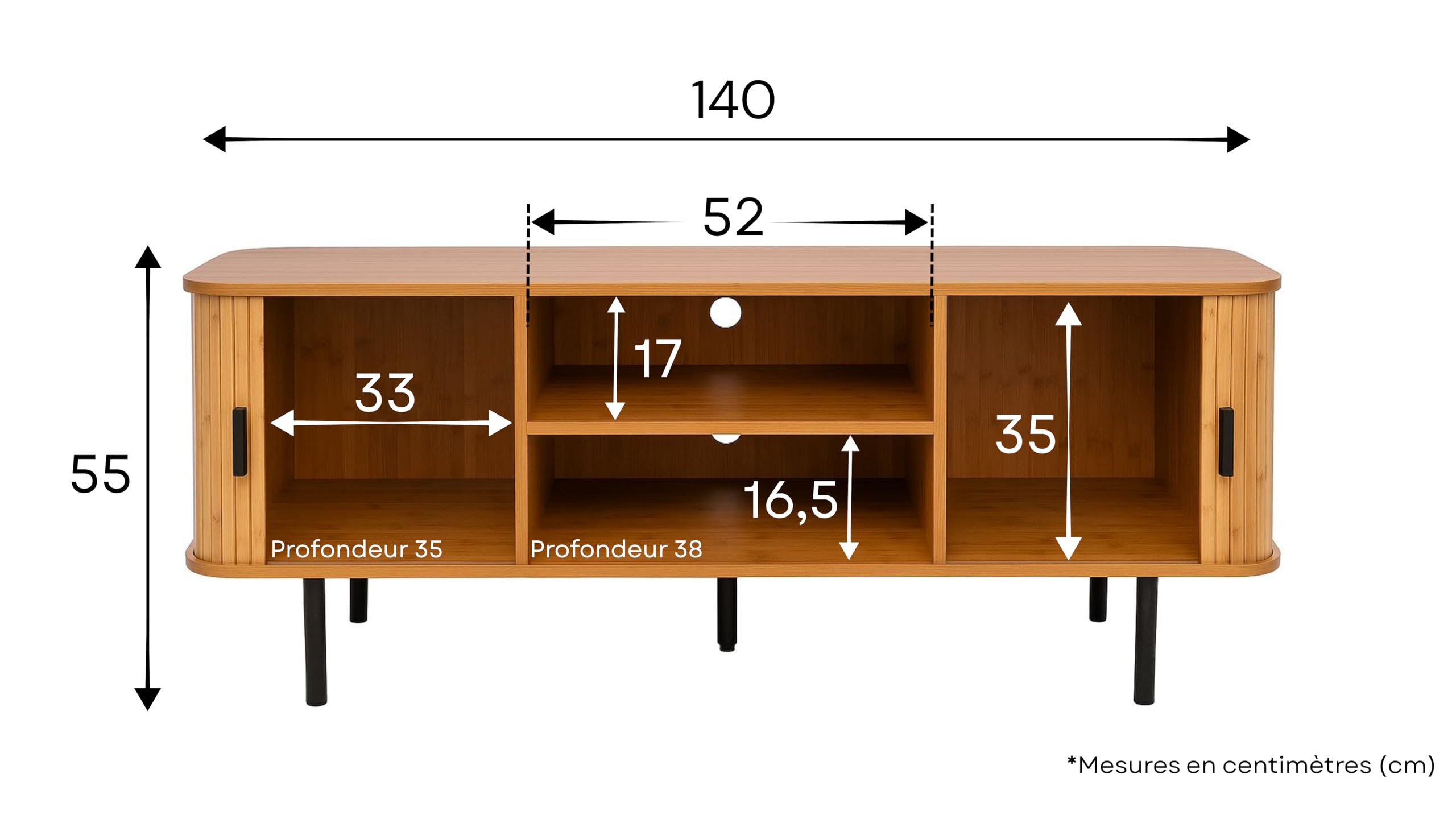 Meuble TV Bois Clair avec Portes Coulissantes – Design Industriel et Élégant – pour Télévision Jusqu’à 140 cm – Rangement Salon Fonctionnel – Meuble Télé Moderne Chêne Clair - H55 x L140 x P40cm