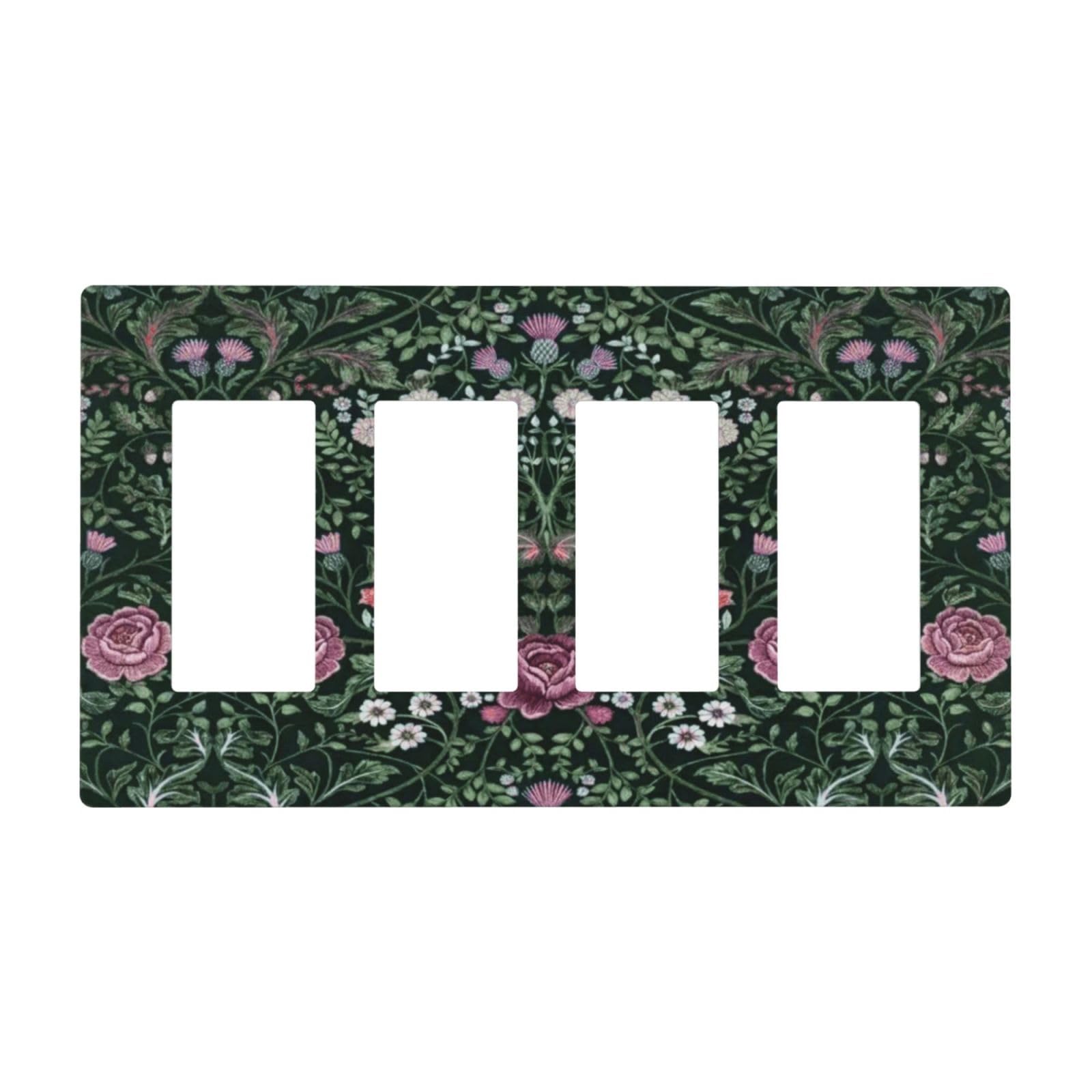 William Boho Floral Moris Flower Leaf 4 Gang Quad Rocker/GFCI/Decorator Light Switch Cover Plate Decorative Electric Quadruple Faceplate Switchplate Screwless