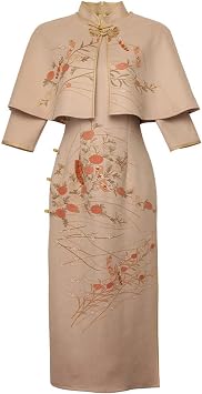 CBROOT Women'S Chinese Cheongsam Dress - Modern 3/4 Sleeve Long Cheongsam Slim Dress Autumn Winter Elegant Traditional Evening Party Wedding Dresses Qipao Jacket Clothes