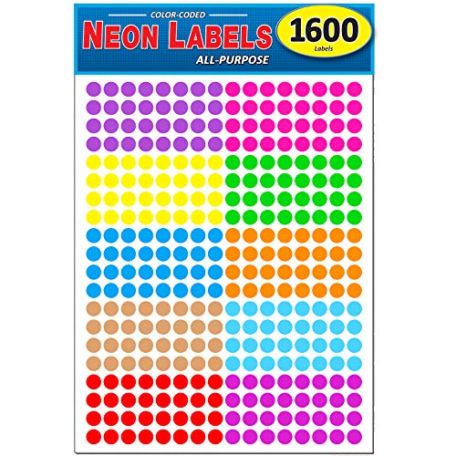 Pack of 1600 3/8 Inch Round Neon Color Coding Dot Map Label Stickers, 10 Different Colors, 0.375 in, 10mm, Fits All Laser/Inkjet Printers