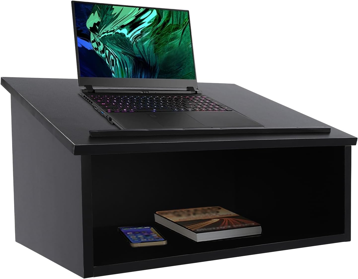 Portable Tabletop Podium, Foldable Teacher Speaker Desk Lectern, Classroom Presentation Stand, Laptop Computer Book Holder, with Slanted Tabletop, 23.75 * 13.5 * 18.75in Black