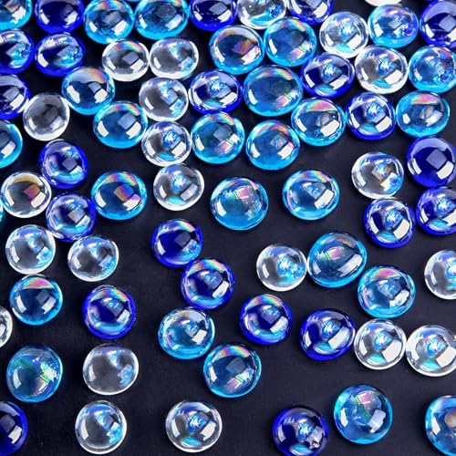 VGOODALL Iridescent Glass Pebbles 120Pcs Mixed Blue Glass Beads for Vase Fillers Fish Tank & Plant Pot Decor