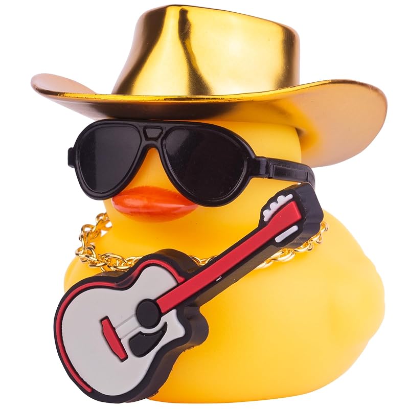 Pato de Borracha Decorativo para Painel do Carro com Chapéu de Cowboy, Óculos e Instrumento Musical CoFuBcad ROSEO-Hat Golden-D-Hat